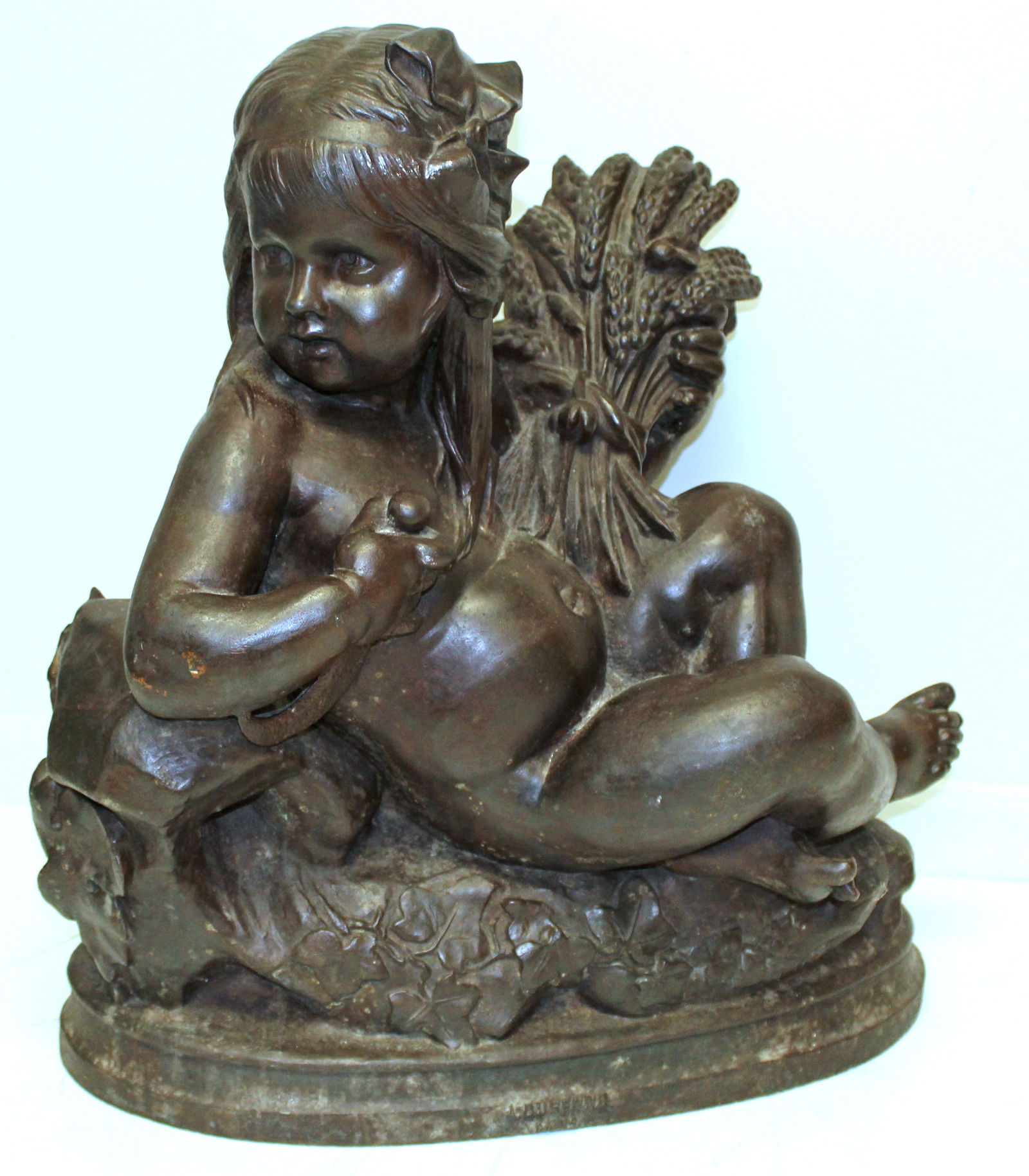 19thC cast iron sculpture of a child with wheat & sickle with A. Durenne Paris foundry mark (1 of 16)