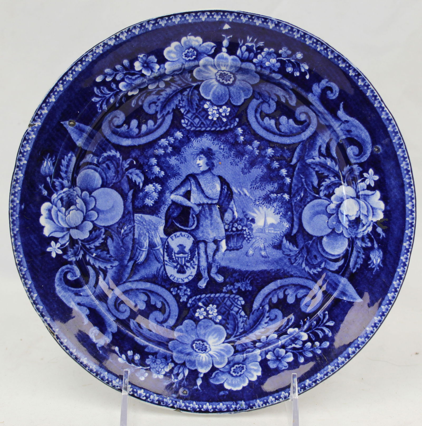 Dark Blue Historical plate "Peace and Plenty" w floral border by Clews - 8 3/4" diam (1 of 6)