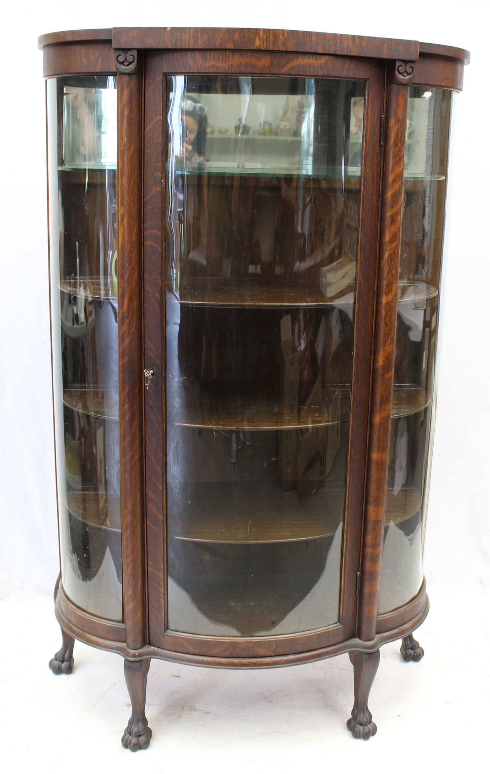 Victorian oak china cabinet w curved glass door & sides on paw feet - 60 3/4" tall x 35" wide x 12" (1 of 4)