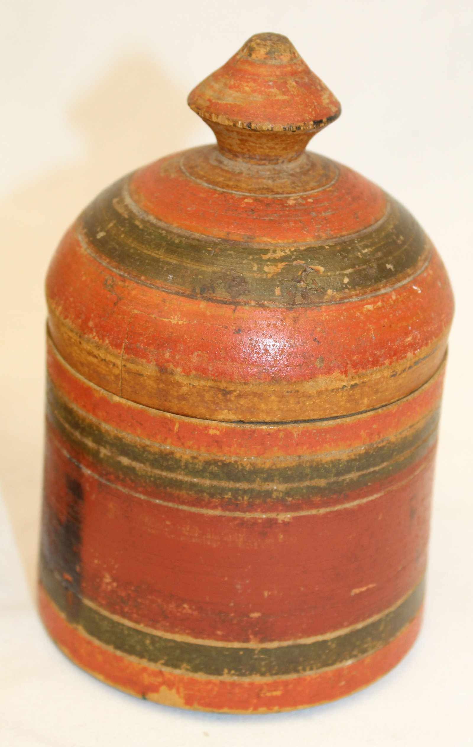 Antique red & black painted covered string holder - 6" tall x 3 1/2" diam (1 of 2)