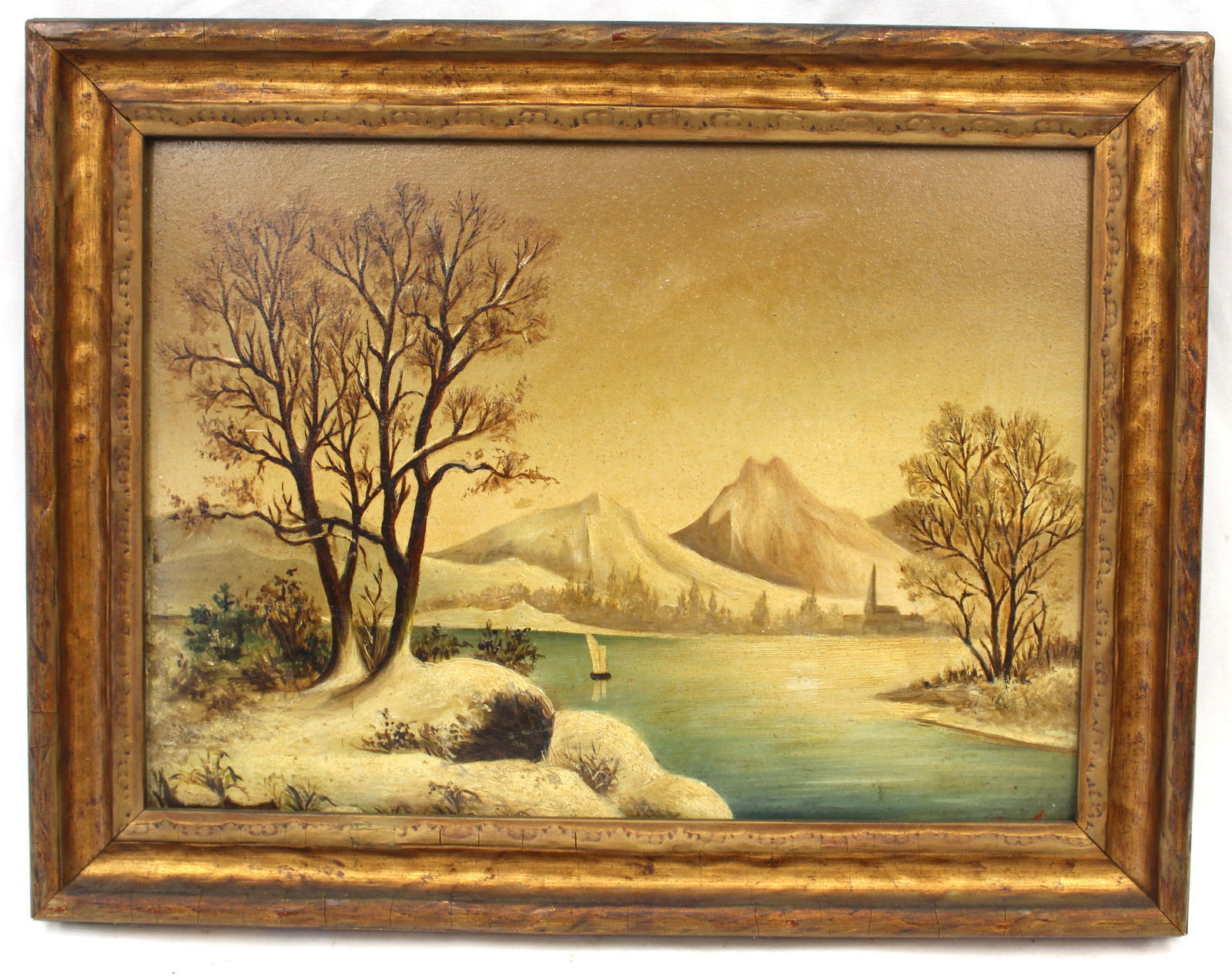 Lot of 2 19thC o/masonite paintings probably by the same artist - mountain & lakes scene & winter (1 of 15)