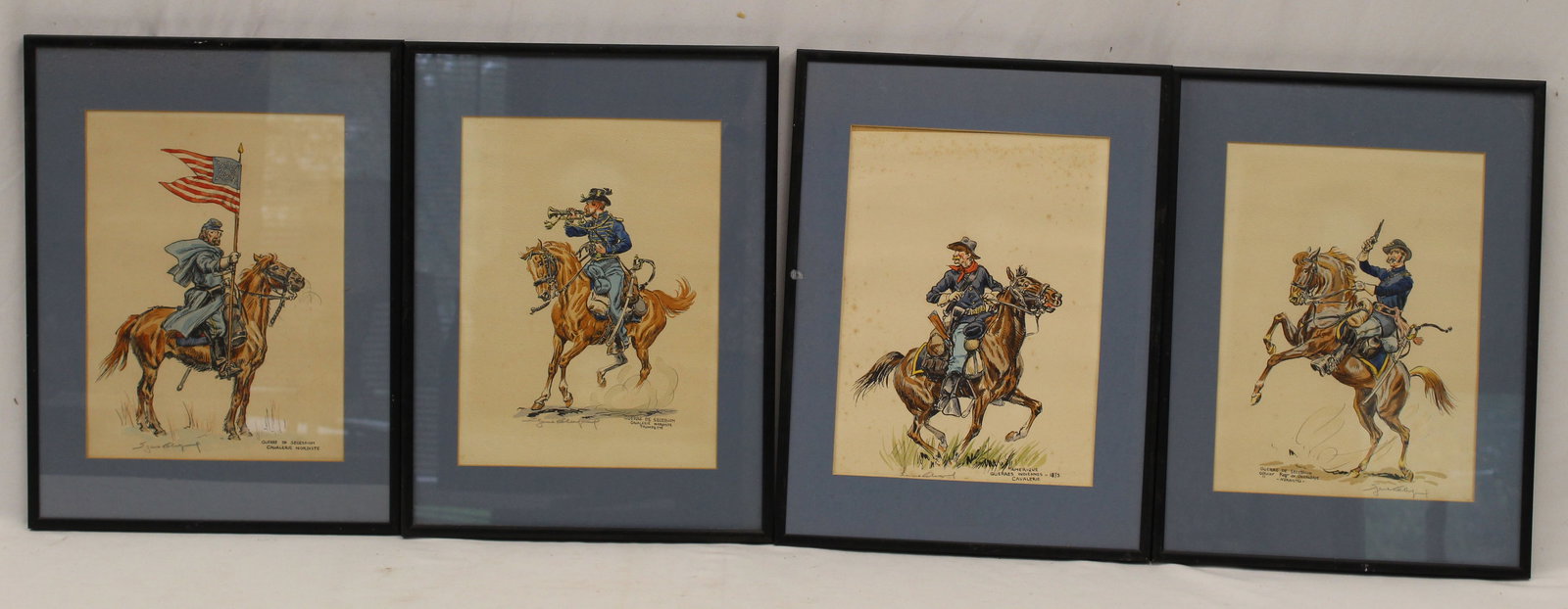 Set of 4 E. Leliepvre hand colored prints from The French & Indian War - pencil signed in matching (1 of 9)
