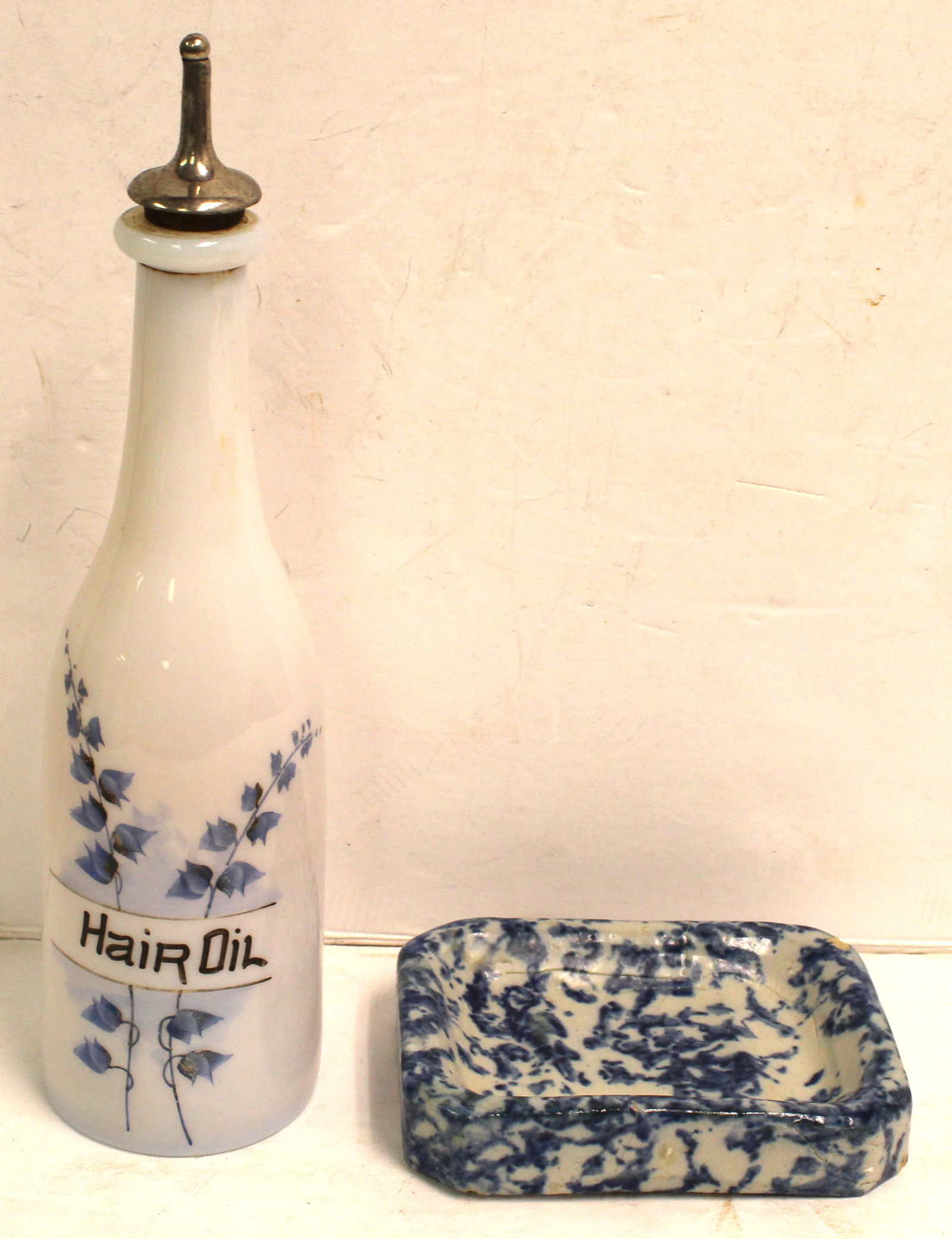 Antique glass clam broth bottle "Hair Oil" together w a spongeware soap dish (1 of 7)