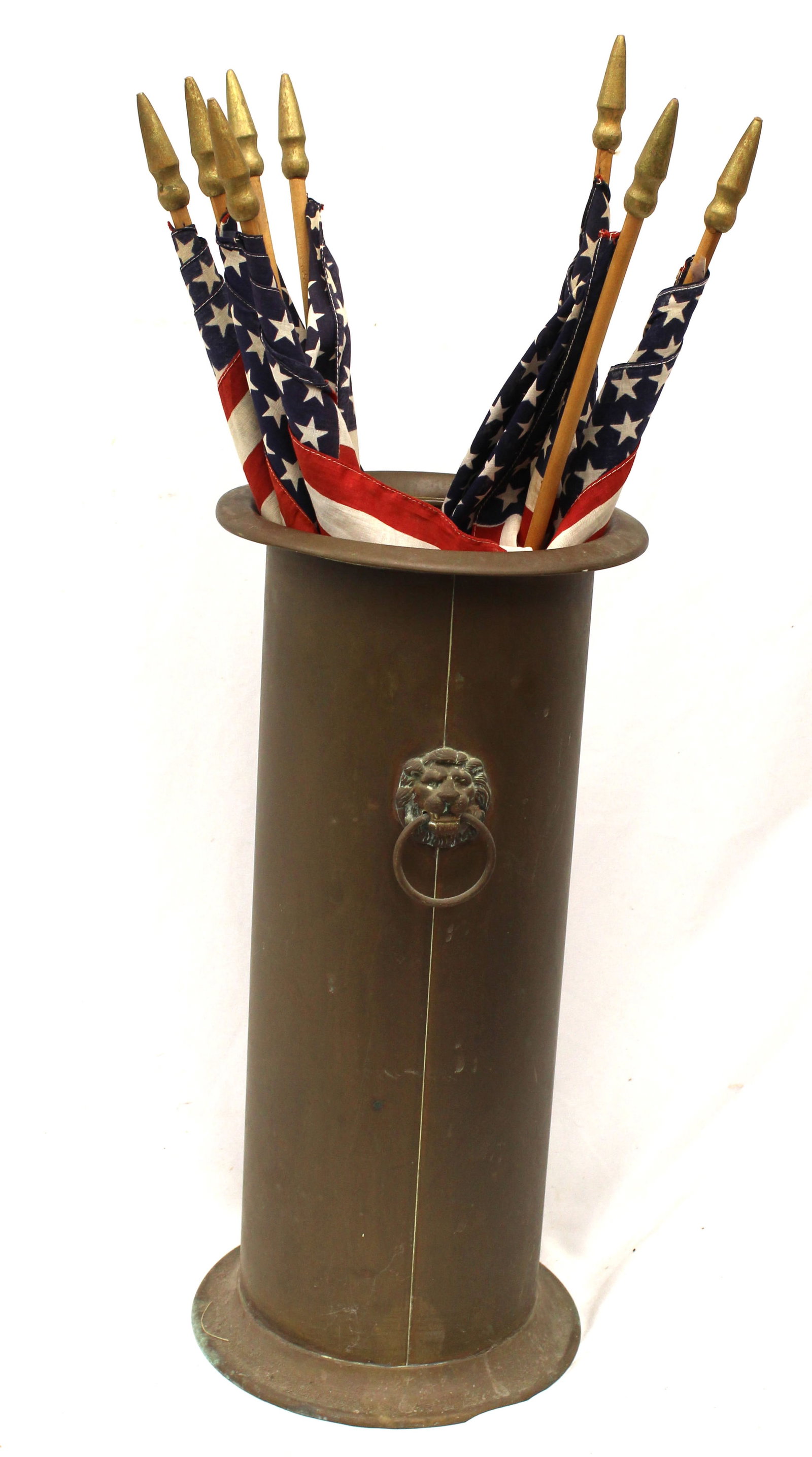 Brass umbrella stand - filled w American flags: Brass umbrella stand - filled w American flags