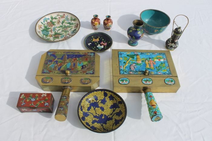lot of antique Champleve & cloisonne incl 2 silent: lot of antique Champleve & cloisonne incl 2 silent butlers, miniature & other vases, stamp box, rice bowl, dishes, etc