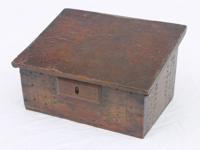 late 17th/early 18thC wonderful all over chip carve: late 17th/early 18thC wonderful all over chip carved sea captain's desk top box w multi-drawer interior & sail cloth lid - 13" wide x 9 3/4" deep x 7" tall