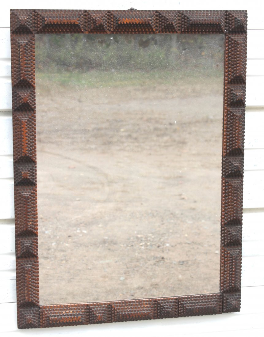 antique large Tramp Art carved framed mirror - 28"x: antique large Tramp Art carved framed mirror - 28"x21"
