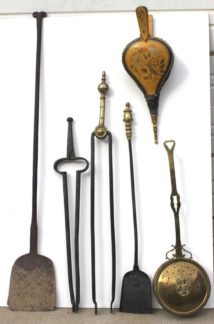 antique fireplace lot incl 41" long ram's head iron: antique fireplace lot incl 41" long ram's head iron peel, 2 brass topped iron implements, iron tongs, brass chestnut roaster & an antique bellows