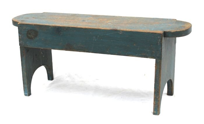 rare ca 1820 CT pine diminutive bench w boot jack: rare ca 1820 CT pine diminutive bench w boot jack ends & shaped top in orig blue paint - 30" long x 13"tall x 8 3/4" deep