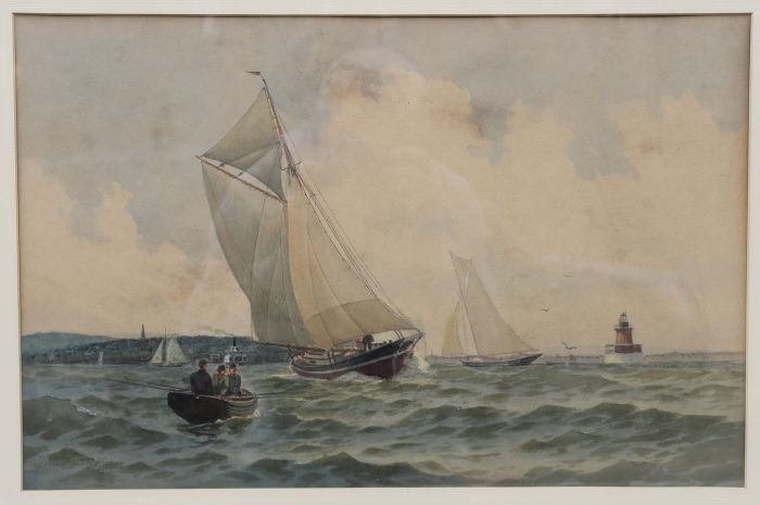 Frederic Schiller Cozzens (1846-1928) 12 1/4" x19": Frederic Schiller Cozzens (1846-1928) 12 1/4" x19" w/c & gouache marine scene w light house, steam ship, people in boats, etc dated 1888