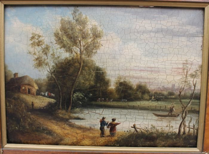 wonderful quality 19thC 12"x16 3/4" o/panel cottag: wonderful quality 19thC 12"x16 3/4" o/panel cottage by a lake scene w multiple figures, a boat, cows, clothing hanging on the line and a distant village in vintage birdseye maple frame