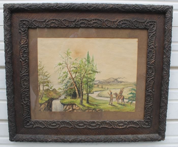 fine quality unsgnd 12 1/2"x16 1/2" sight size w/c: fine quality unsgnd 12 1/2"x16 1/2" sight size w/c depicting 2 Native Americans standing by a meandering stream & waterfall lamenting the passage of a train in vintage carved frame