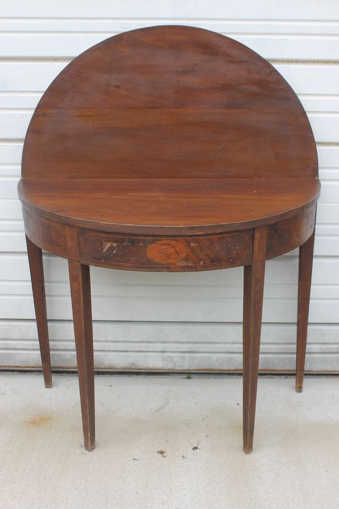 period Hepplewhite ca 1790-1805 mahog demi-lune ca: period Hepplewhite ca 1790-1805 mahog demi-lune card table w the best inlay featuring shells, bell flowers, cross banding & stringing (as found, in need of some veneer restoration) - 36" wide