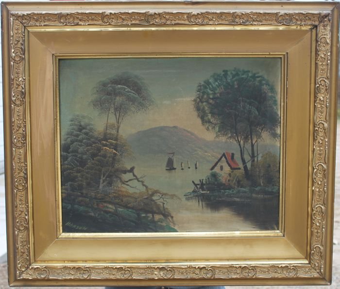 19thC sgnd Hanson 16"x20" o/c cottage by a lake &: 19thC sgnd Hanson 16"x20" o/c cottage by a lake & landscape w sailboats in a good quality vintage carved & gilded frame