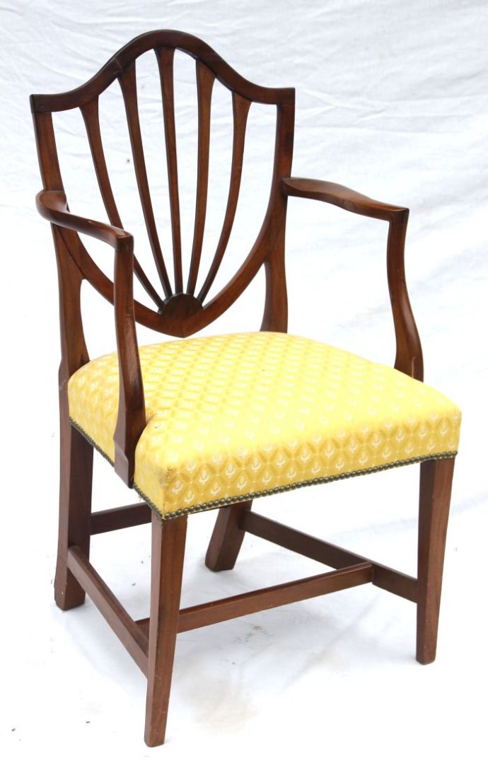 period Hepplewhite mahogany shield back stretcher : period Hepplewhite mahogany shield back stretcher base armchair - 38" tall