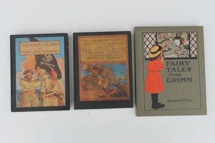 Lot of 3 Classic & children's hard cover books inc: Lot of 3 Classic & children's hard cover books incl "Treasure Island" by R.L. Stevenson, illus by N.C. Wyeth 1911, "The Arabian Nights" illus by Maxfield Parrish copyright 1909 & "Fairy Tales from Gri