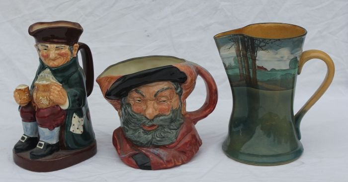lot of 3 Royal Doulton items incl "Falstaff" & "Ol: lot of 3 Royal Doulton items incl "Falstaff" & "Old Charlie" Toby jugs & a series ware landscape painted 8" pitcher