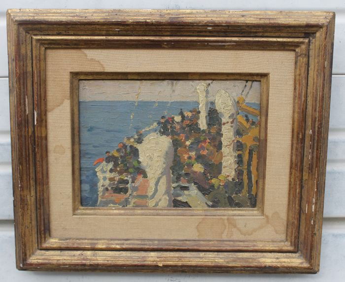sgnd on verso Impressionist 7"x9" o/bd titled "Ste: sgnd on verso Impressionist 7"x9" o/bd titled "Steerage for … 1913" depicting multiple passengers on board ship