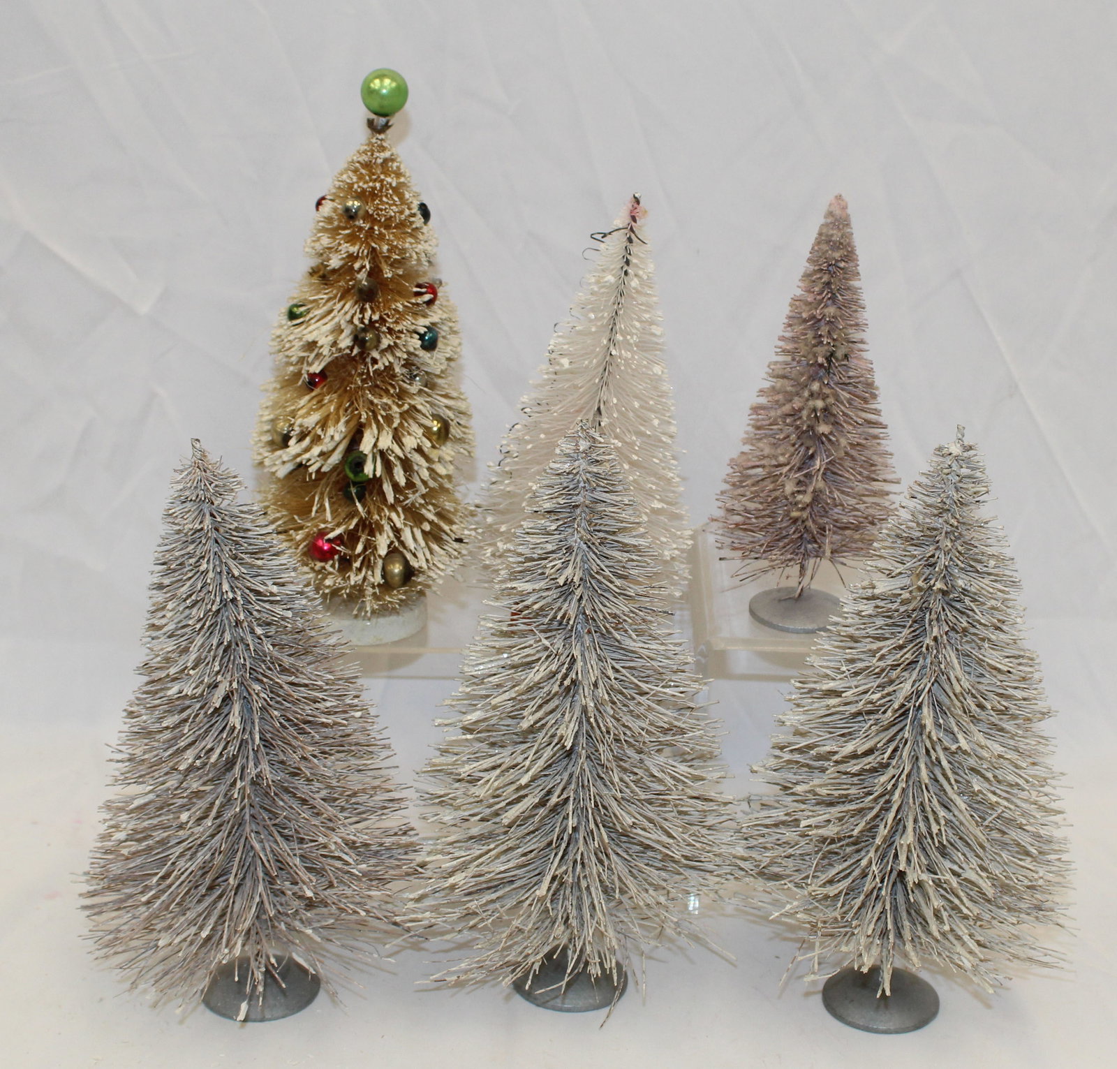 Lot of 6 white/gray/cream bottle brush trees - 7"- 9 1/2" tall: Lot of 6 white/gray/cream bottle brush trees - 7"- 9 1/2" tall