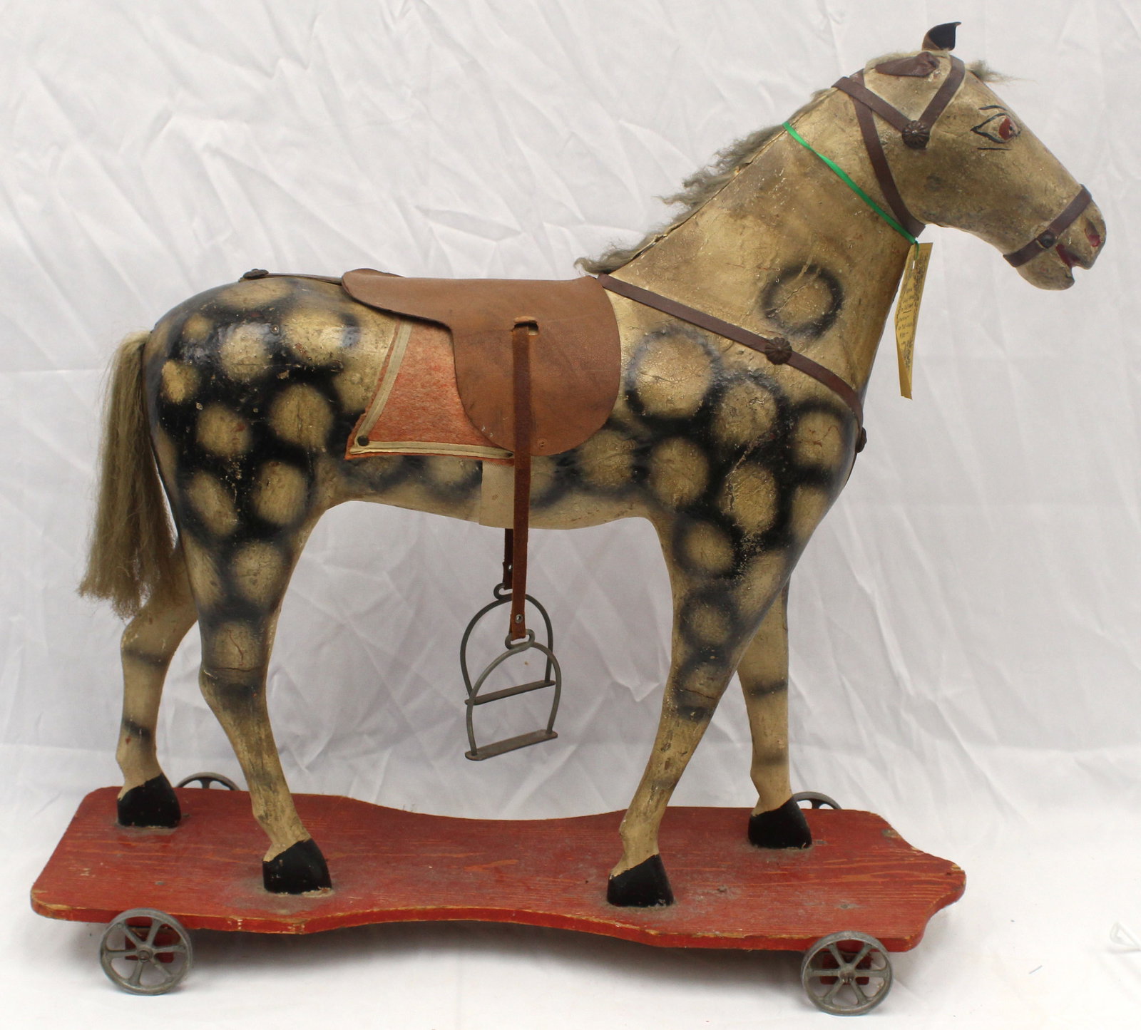 Antique dapple painted composition horse on wooden platform w wheels pull toy - 26" tall x 27" long (1 of 12)