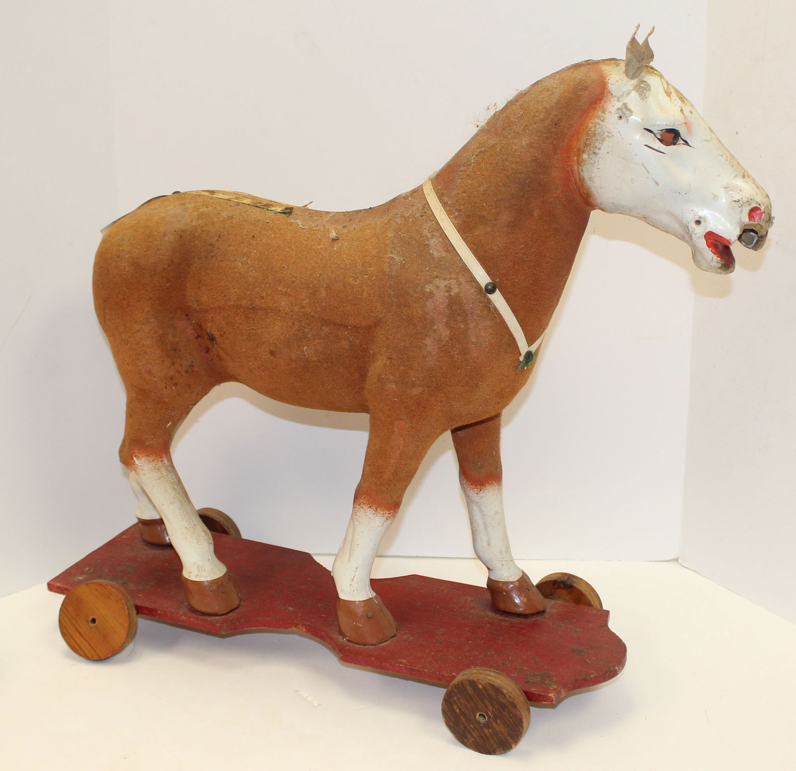 Vintage brown composition horse pull toy on wooden platform w wheels - as found - 24" tall x 24" (1 of 8)