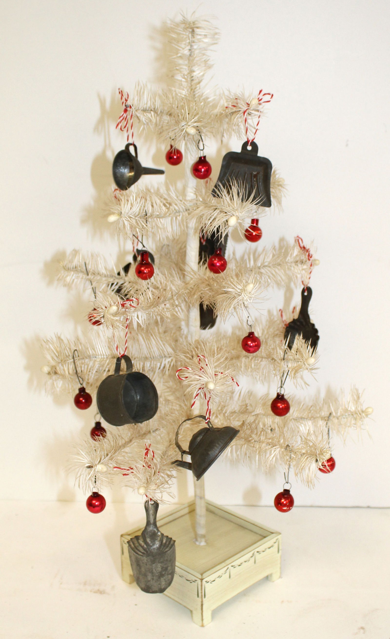 Contemporary white feather tree decorated w miniature kitchen tins & red balls - 19" tall tree (1 of 10)