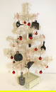 Contemporary white feather tree decorated w miniature kitchen tins & red balls - 19" tall tree