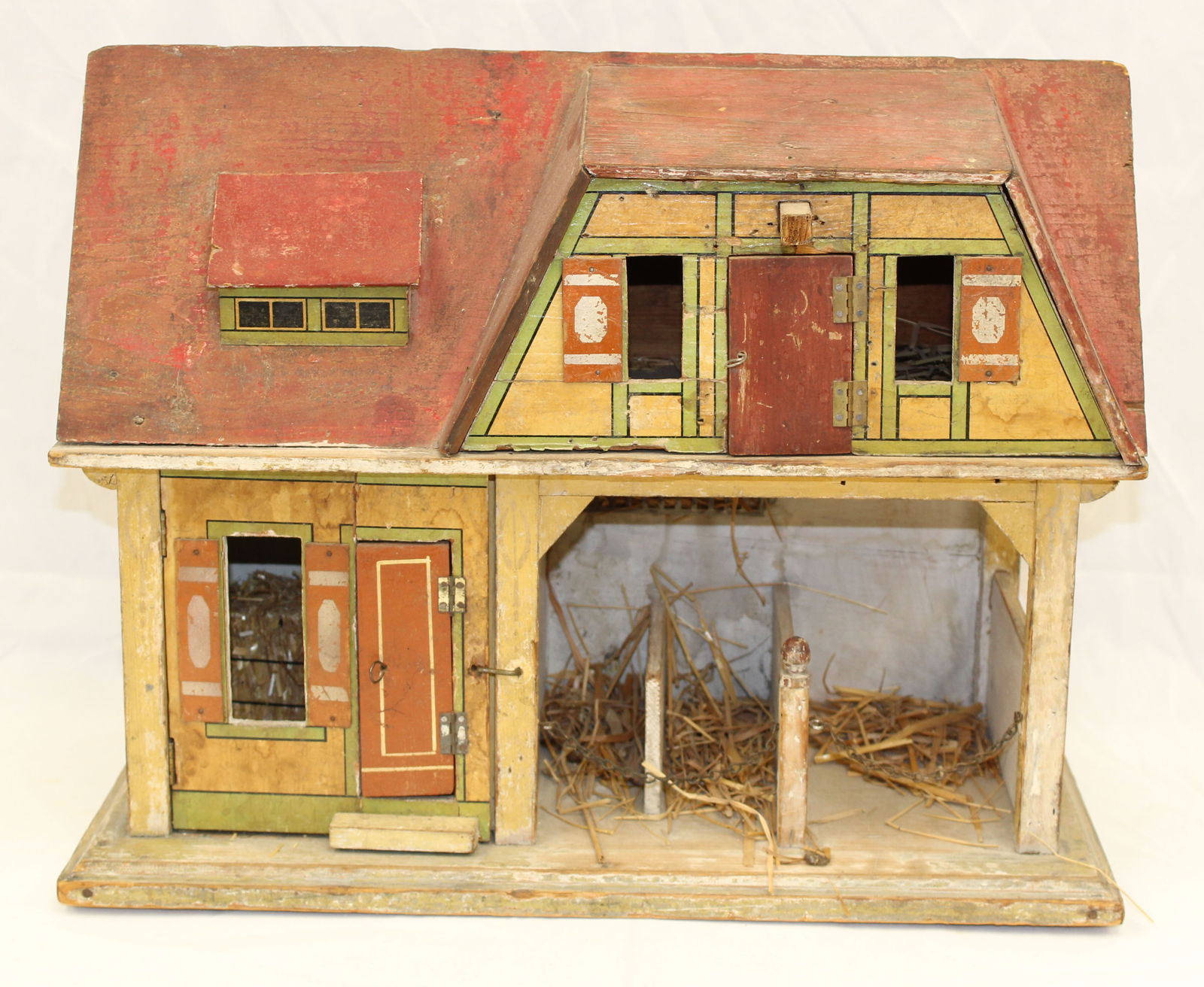 Antique wooden litho decorated barn/stable - attrib Gottschalk - 13 1/2" tall x 18" wide x 8 1/2" (1 of 8)