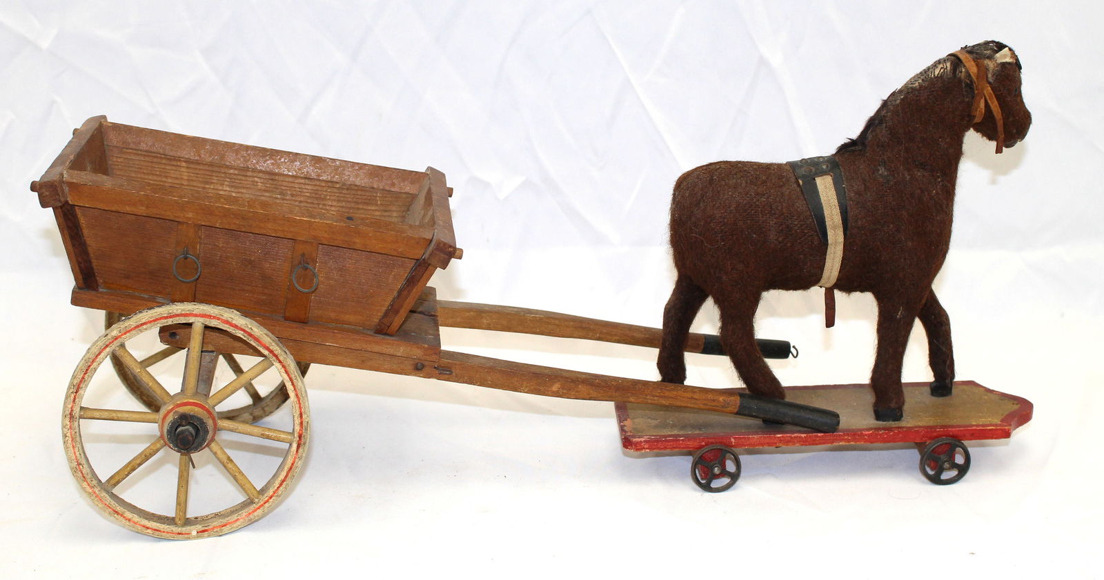 Vintage horse on wheeled platform pulling cart - 9 1/2" tall x 10" horse & 8" x 17" cart (1 of 6)