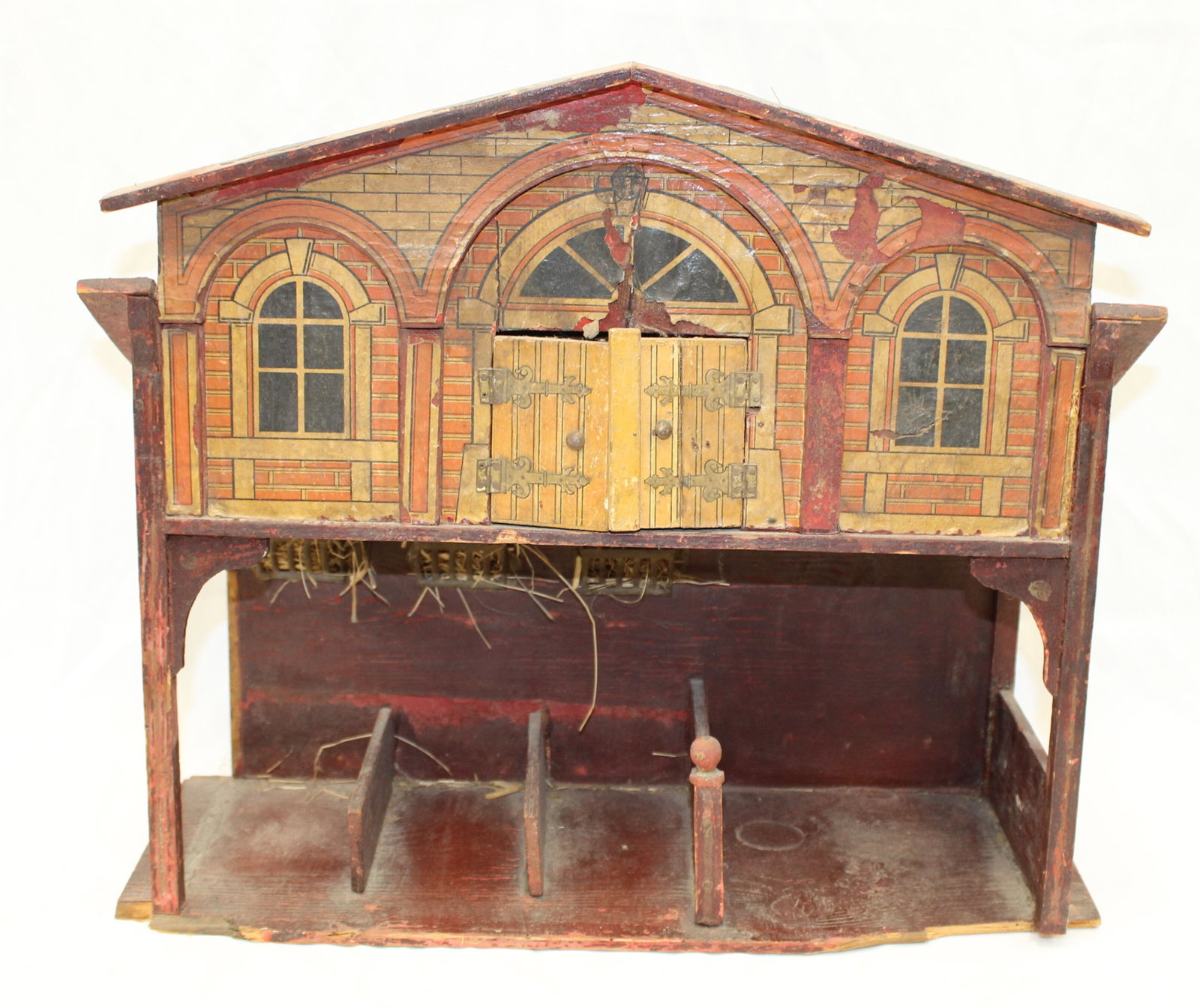 Antique wooden litho decorated barn/stable - attrib Bliss - 15" tall x 17 1/4" wide x 6" deep: Antique wooden litho decorated barn/stable - attrib Bliss - 15" tall x 17 1/4" wide x 6" deep
