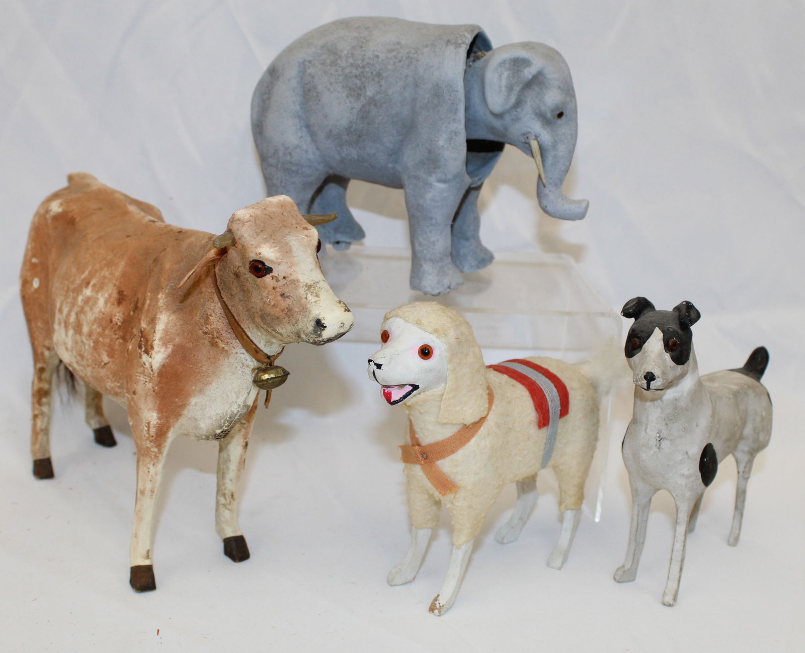 Lot of 4 vintage German animals incl elephant nodder on wheels, composite cow & sheep & dog w wooden (1 of 6)