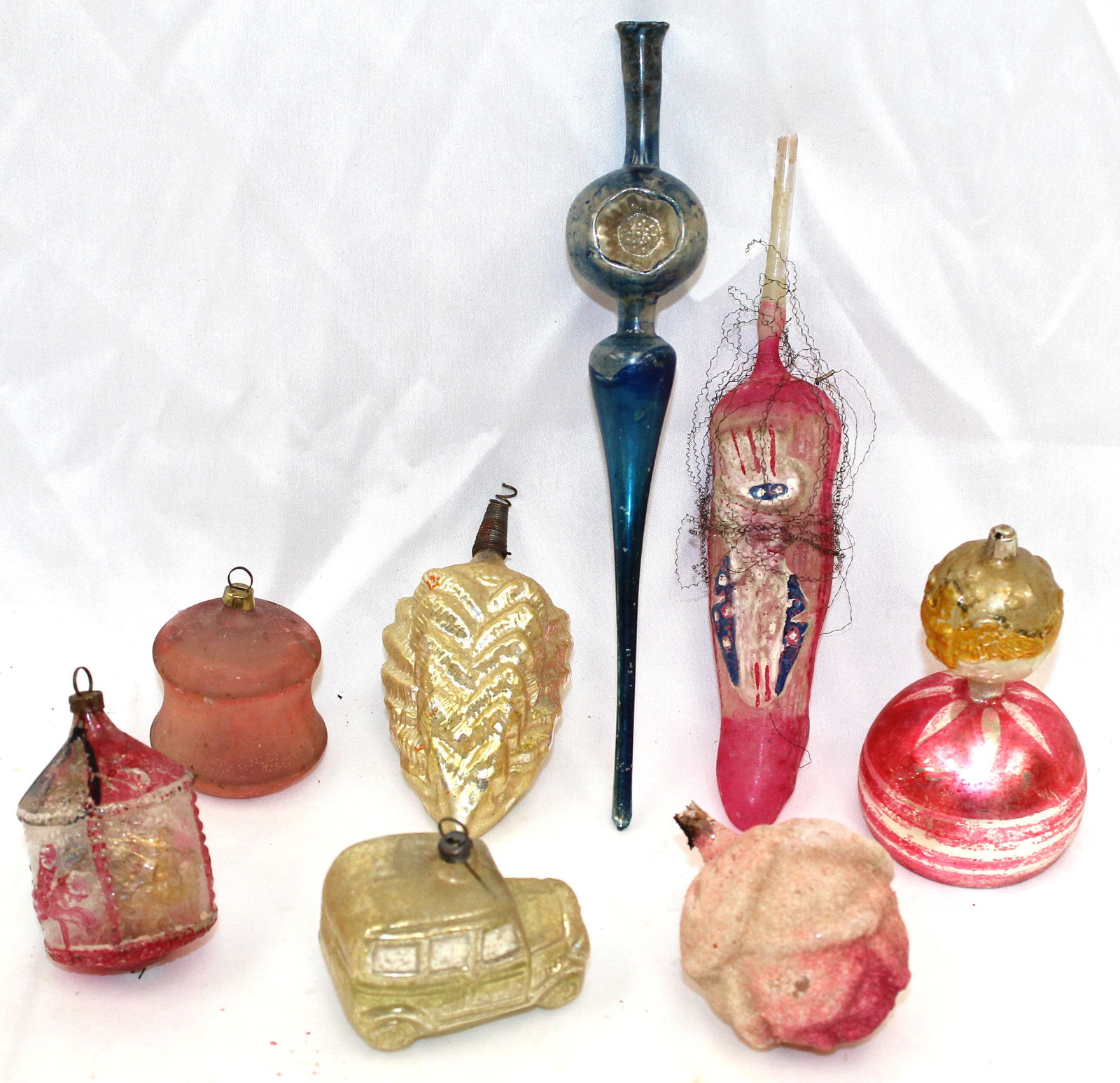 Lot of 8 pink & white glass ornaments plus a blue tree topper (1 of 5)