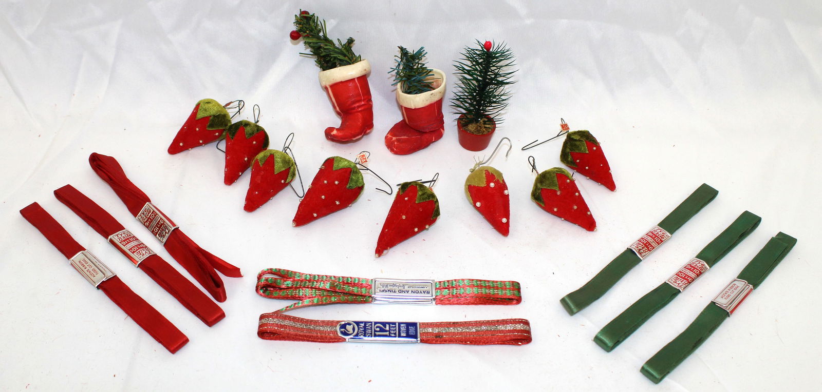 Lot of misc Christmas decorations incl 2 miniature stockings w trees inside, cloth strawberry (1 of 8)