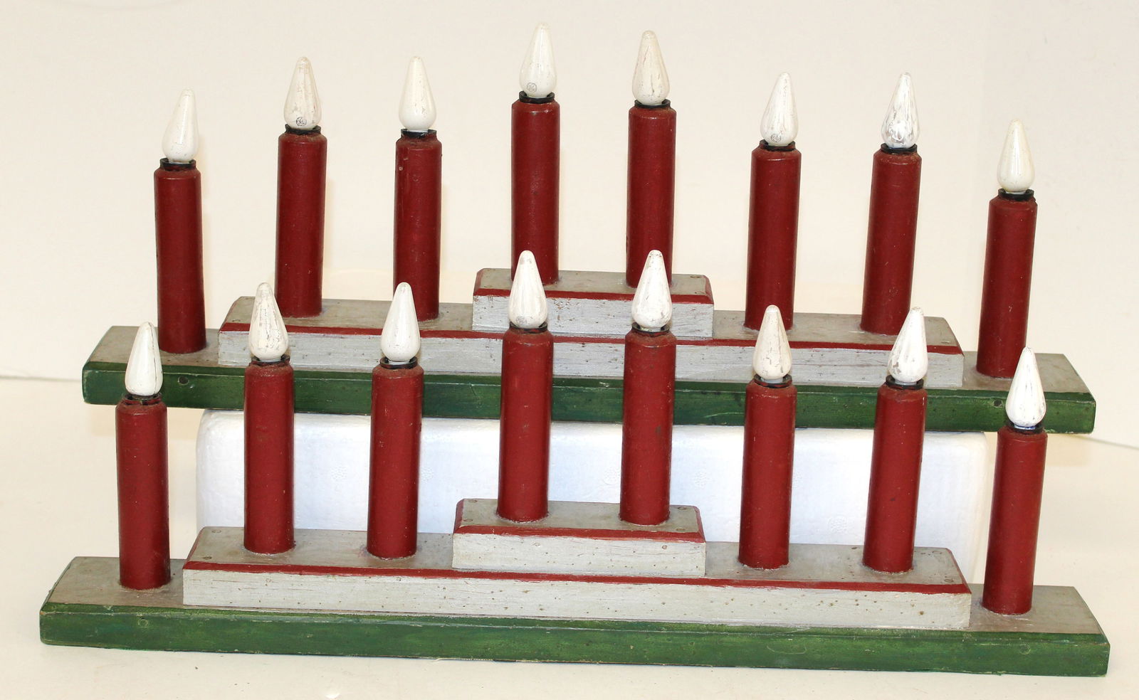 Lot of 2 folk art candle holders on wooden bases in red, green & gray paint - 19" long x 7" tall (1 of 7)