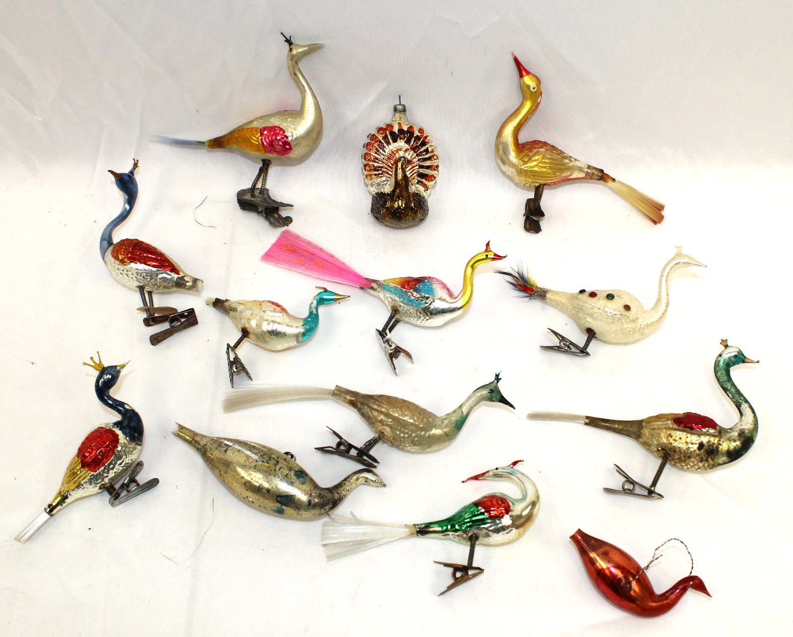 Lot of 13 vintage glass bird ornaments & tree clips: Lot of 13 vintage glass bird ornaments & tree clips