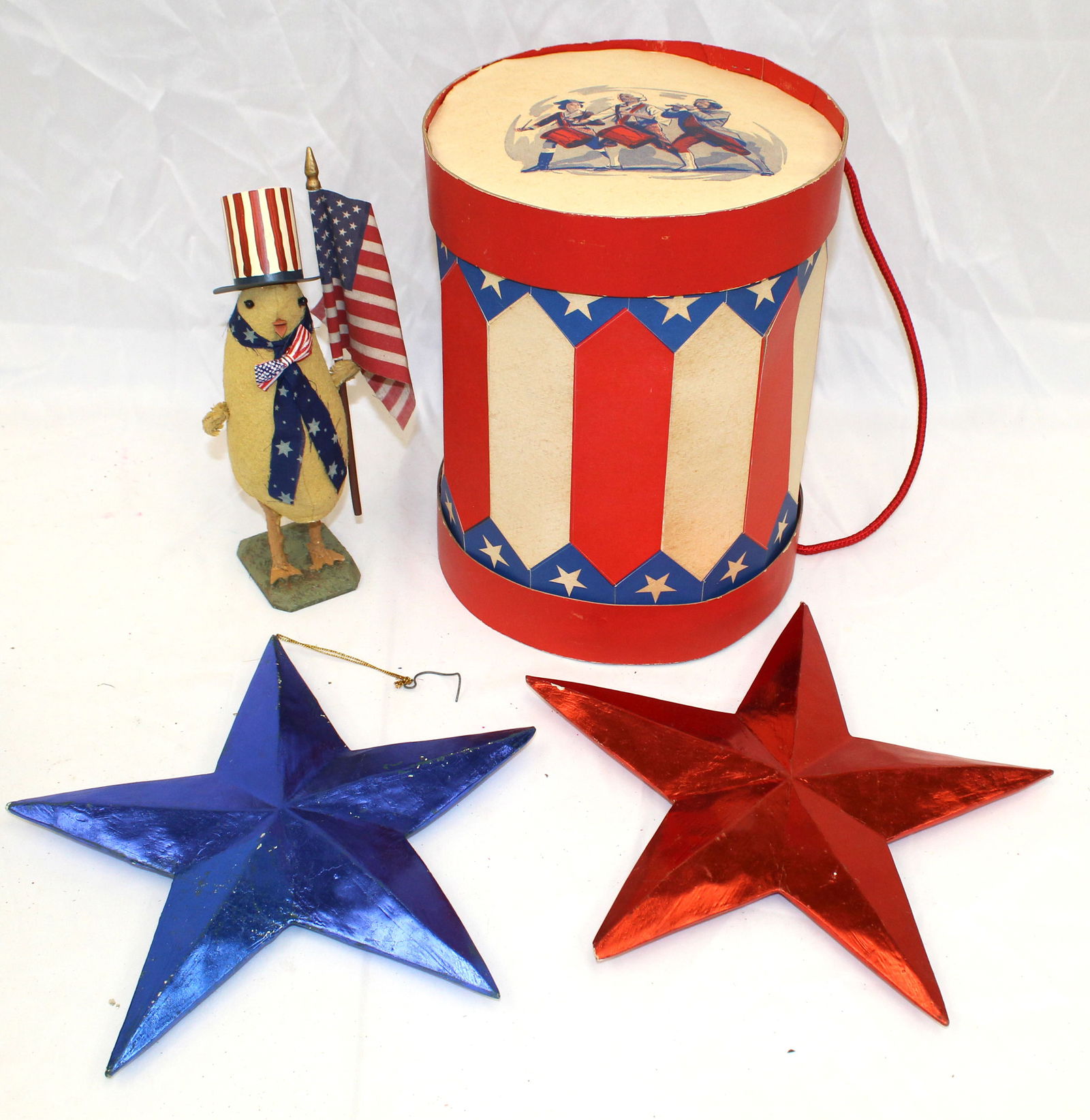 Patriotic Fourth of July lot incl drum, stars & chick w red, white & blue top hat (1 of 5)