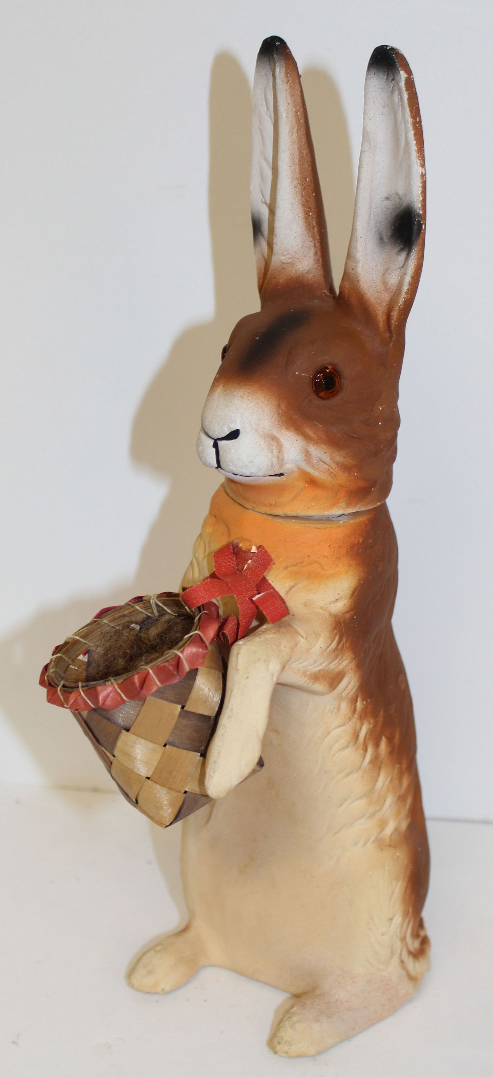 German Easter rabbit w glass eyes candy container carrying a basket - 12 1/2" tall (1 of 11)