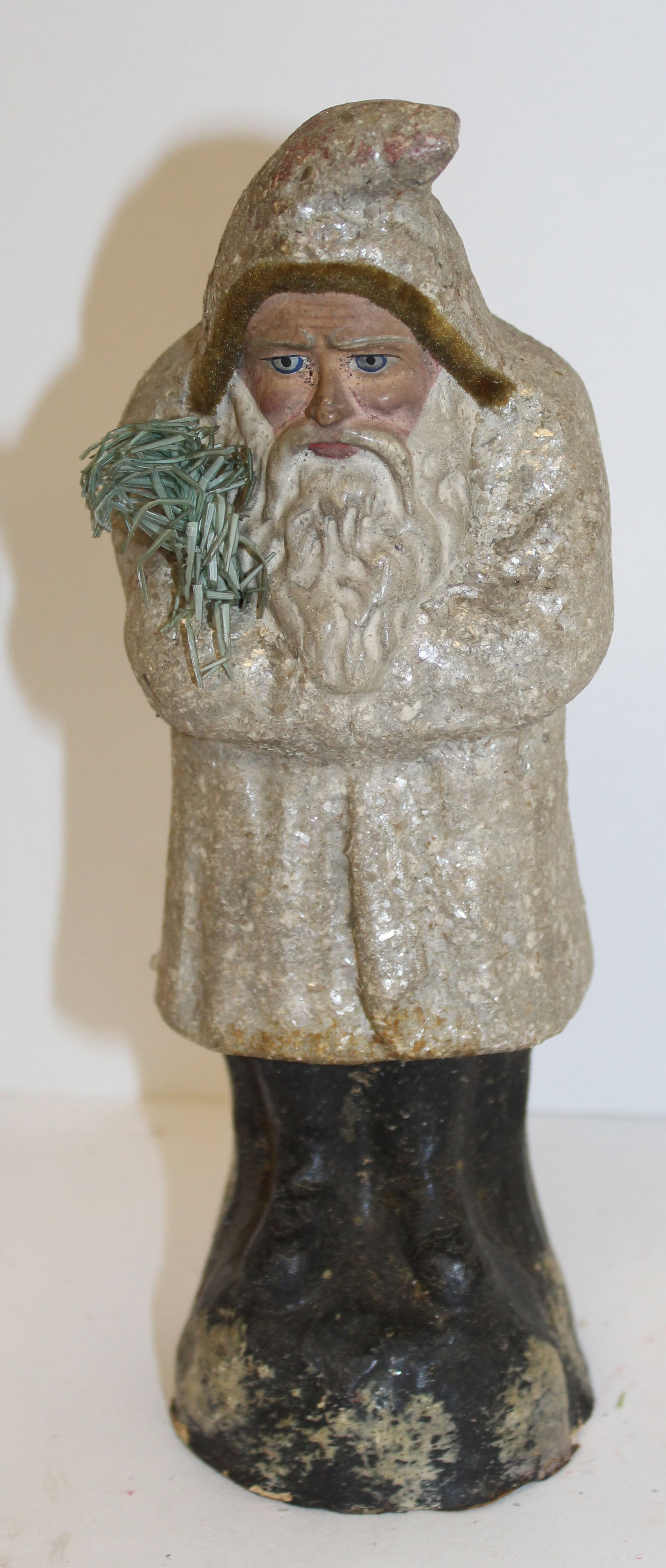 Antique German Belsnickel in white coat w sprig of fern - 8 1/2" tall: Antique German Belsnickel in white coat w sprig of fern - 8 1/2" tall