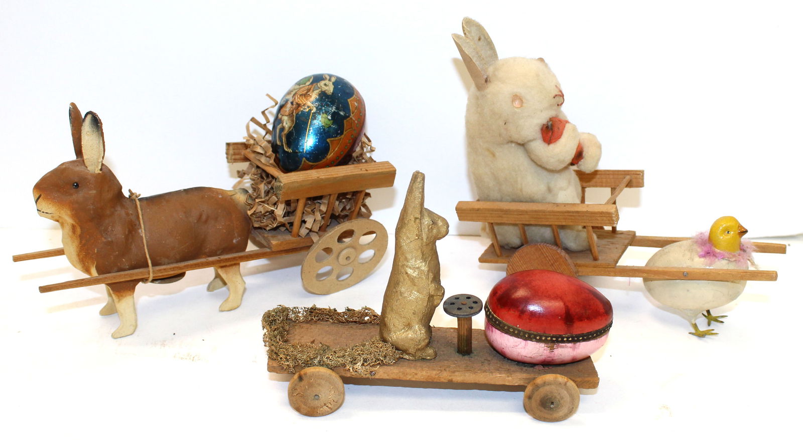 Lot of 3 vintage Easter rabbits w carts & car - 4 1/2"x6", 6"x7" & 6"x6" (1 of 7)