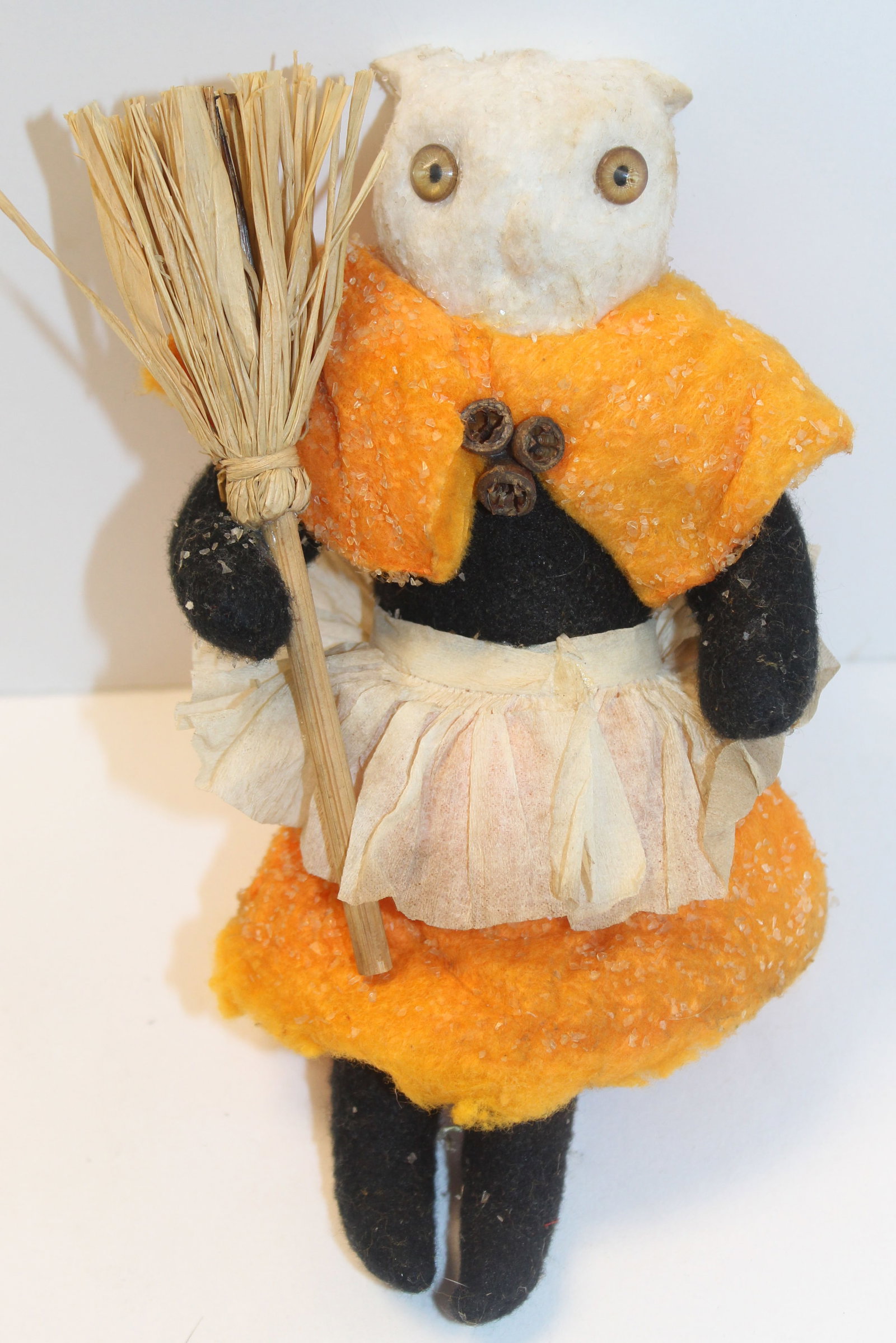 Halloween spun cotton head owl witch w glass eyes holding a broom - 7" tall: Halloween spun cotton head owl witch w glass eyes holding a broom - 7" tall