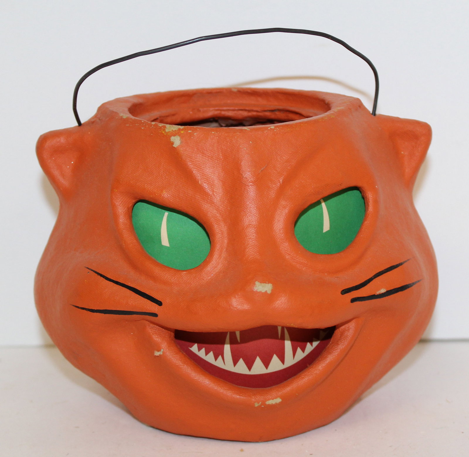 Halloween cat form Jack-o-Lantern in orange paint - 6 1/2" diam x 5" tall: Halloween cat form Jack-o-Lantern in orange paint - 6 1/2" diam x 5" tall
