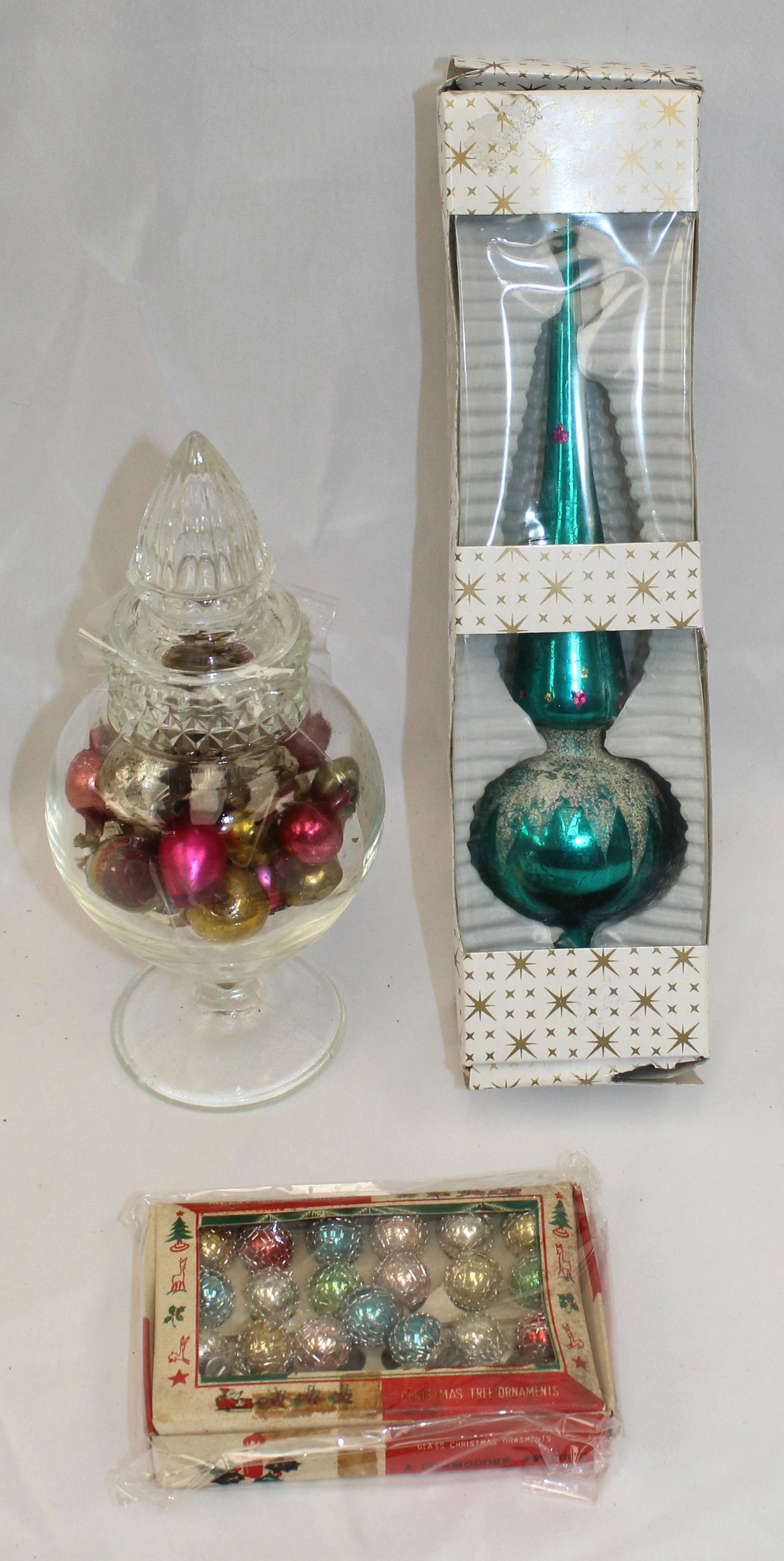 Christmas decoration lot incl tree topper, miniature glass ornaments in box plus a small glass (1 of 4)