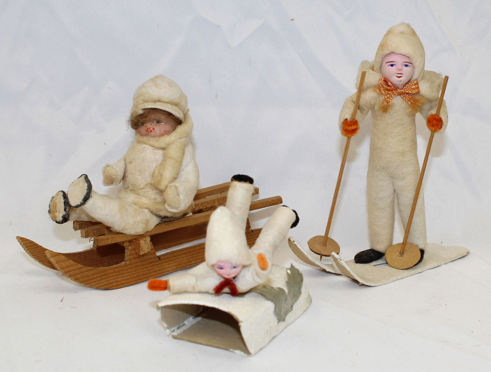 Lot of 3 vintage spun cotton figures w plastic faces - children on sleds & skis - Japanese - (1 of 5)