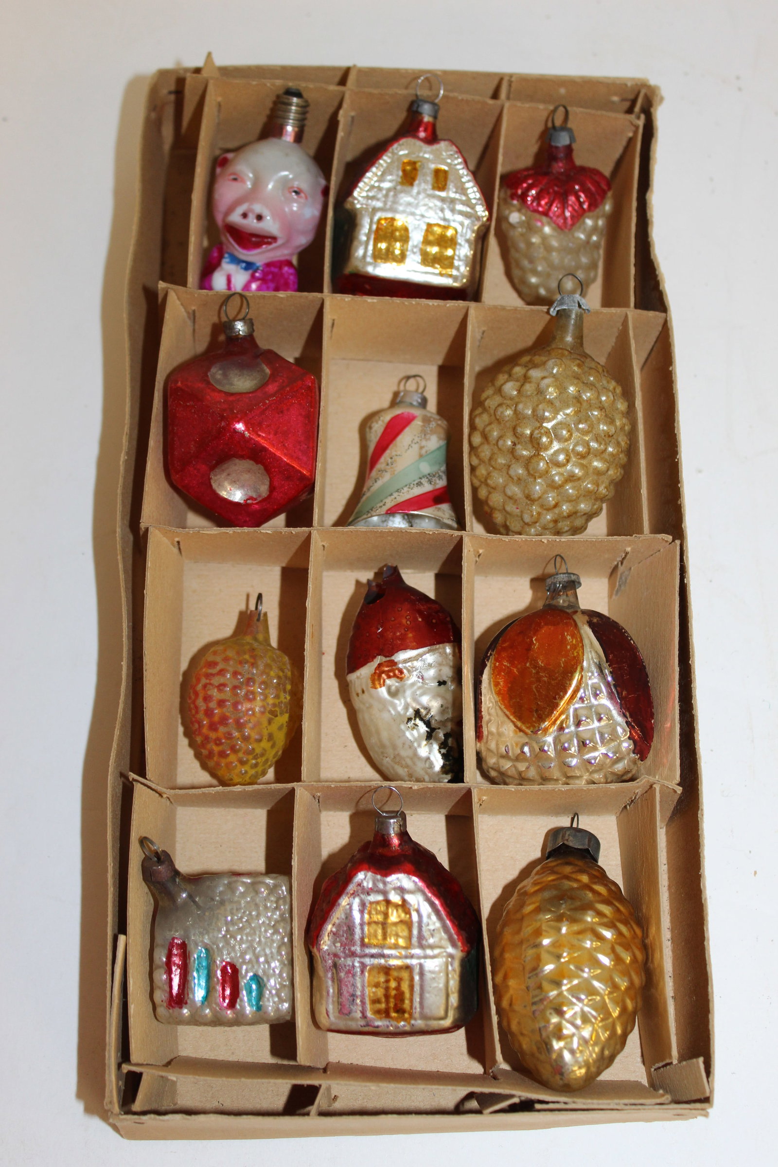 Lot of 12 antique glass ornaments - figural, pinecones & houses: Lot of 12 antique glass ornaments - figural, pinecones & houses