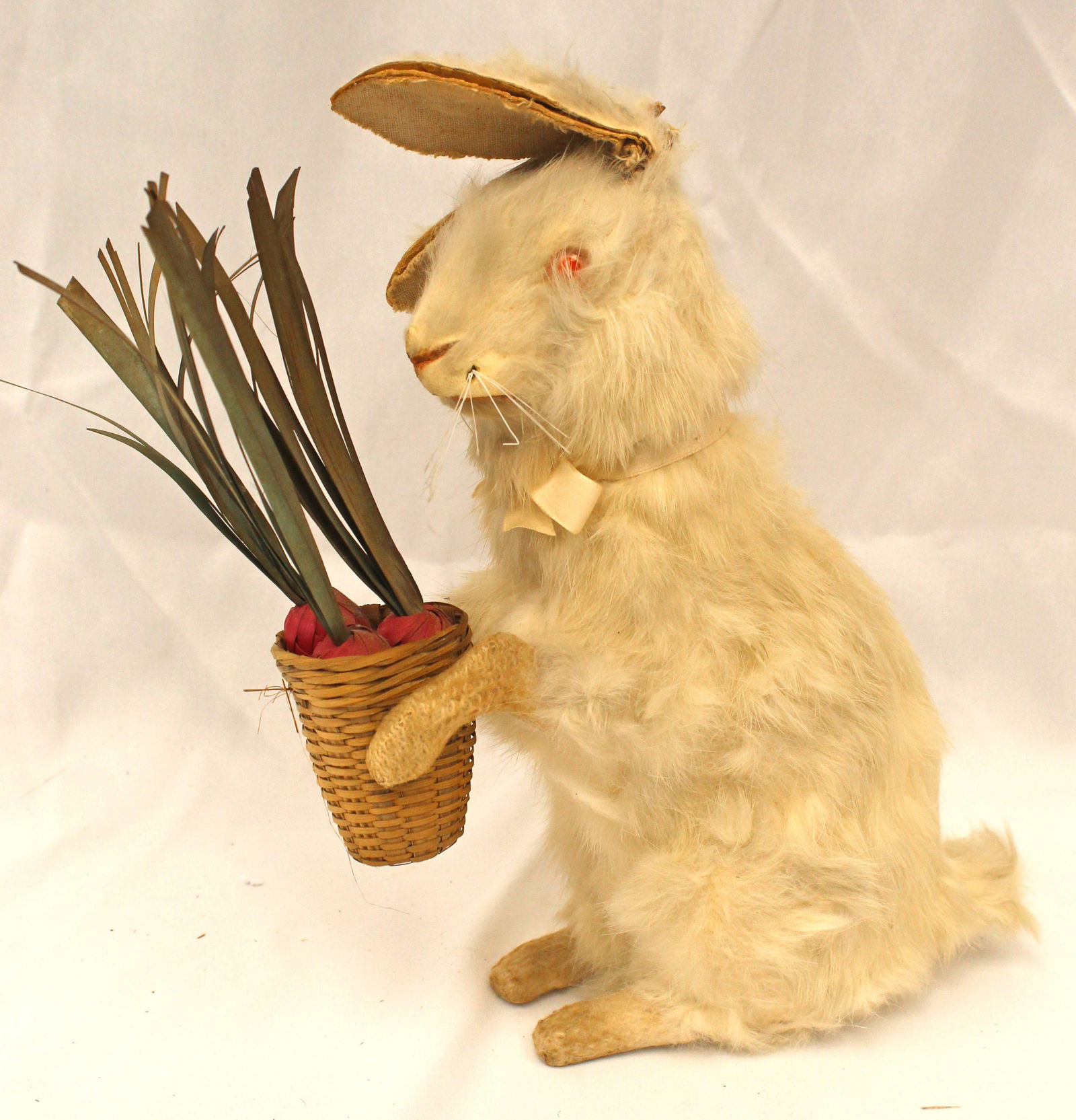 German fur covered rabbit form Easter candy container - glass eyes - carrying a basket of radishes (1 of 6)