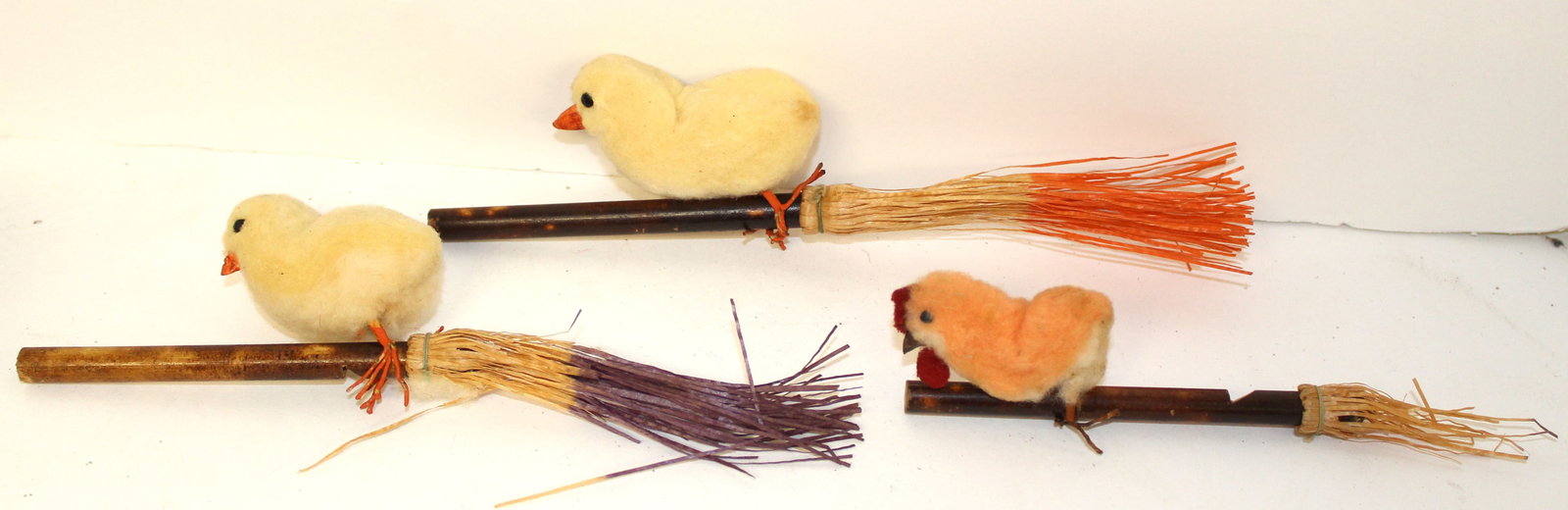 Vintage Easter lot of 3 cotton Easter animals on wooden flutes: Vintage Easter lot of 3 cotton Easter animals on wooden flutes