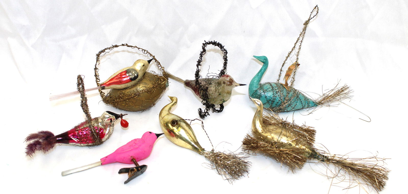 Lot of 7 Victorian glass, wire & tinsel bird ornaments & clips (1 of 7)