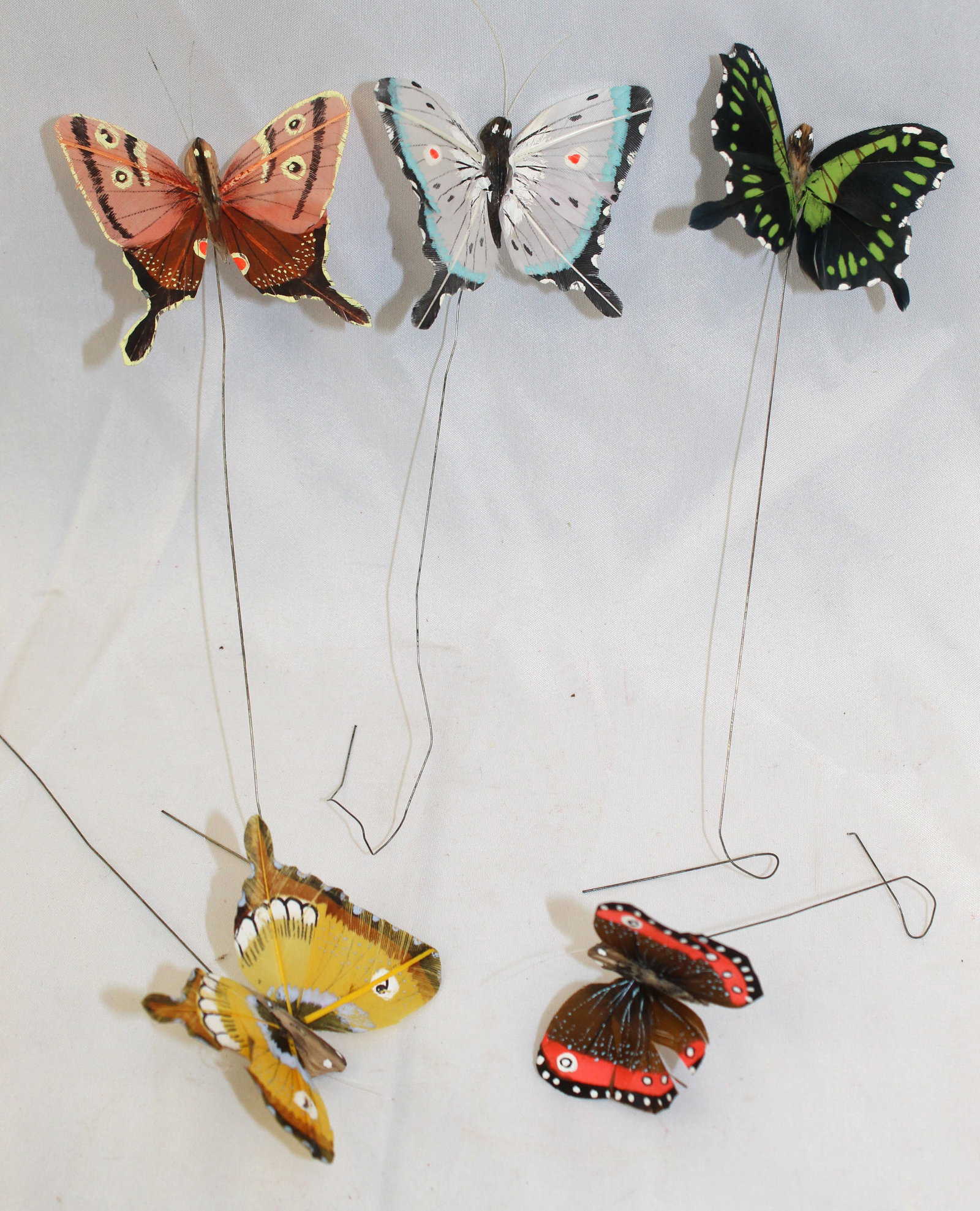 Lot of 5 vintage spun glass butterfly stick ornaments w painted wings - approx 6" long: Lot of 5 vintage spun glass butterfly stick ornaments w painted wings - approx 6" long