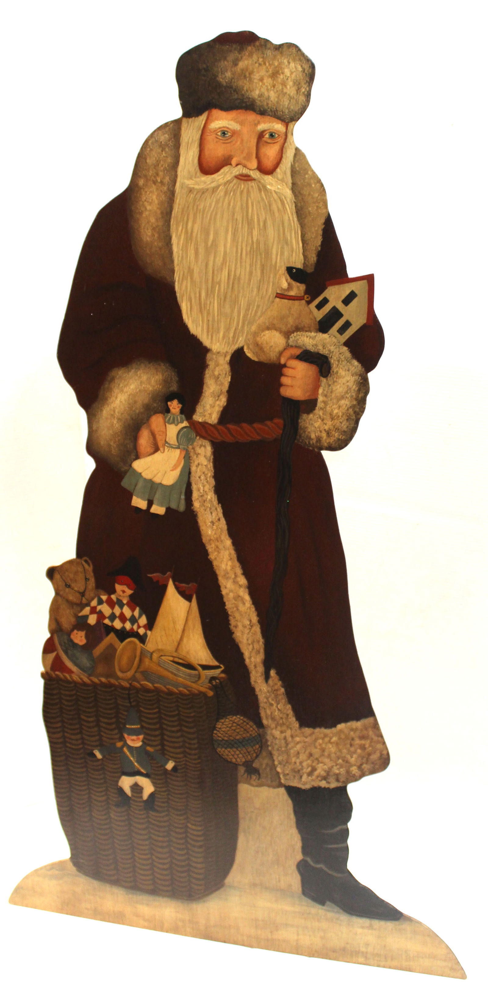 Plywood painted standing cut out store display of Santa w basket of toys & a cane - 53" tall x 29" (1 of 7)