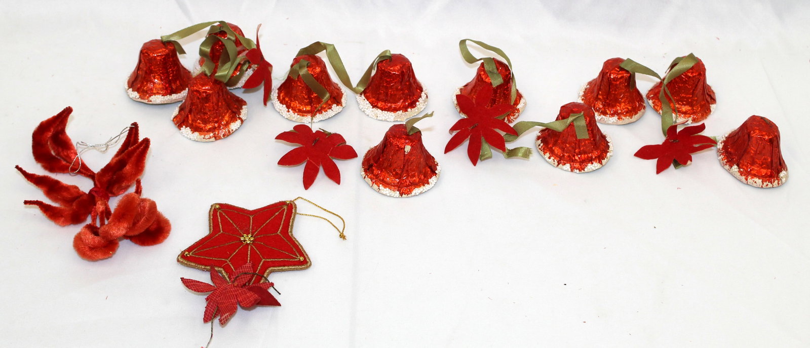 Lot of Christmas foil bell & poinsettia ornaments: Lot of Christmas foil bell & poinsettia ornaments